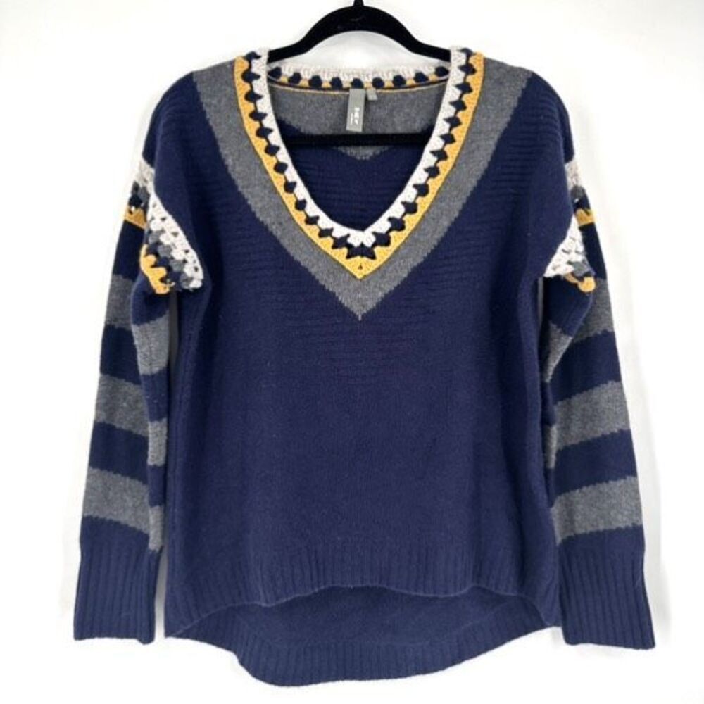 Shae NY Women's Cashmere Wool Crochet Trim Knit‎ Pullover Sweater Navy Medium